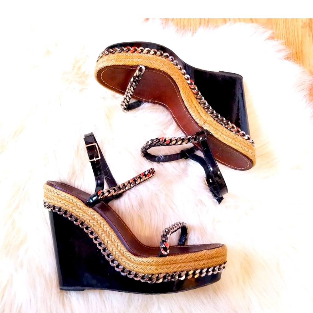 Christian Louboutin Black Patent Leather Platform Espadrille Wedges